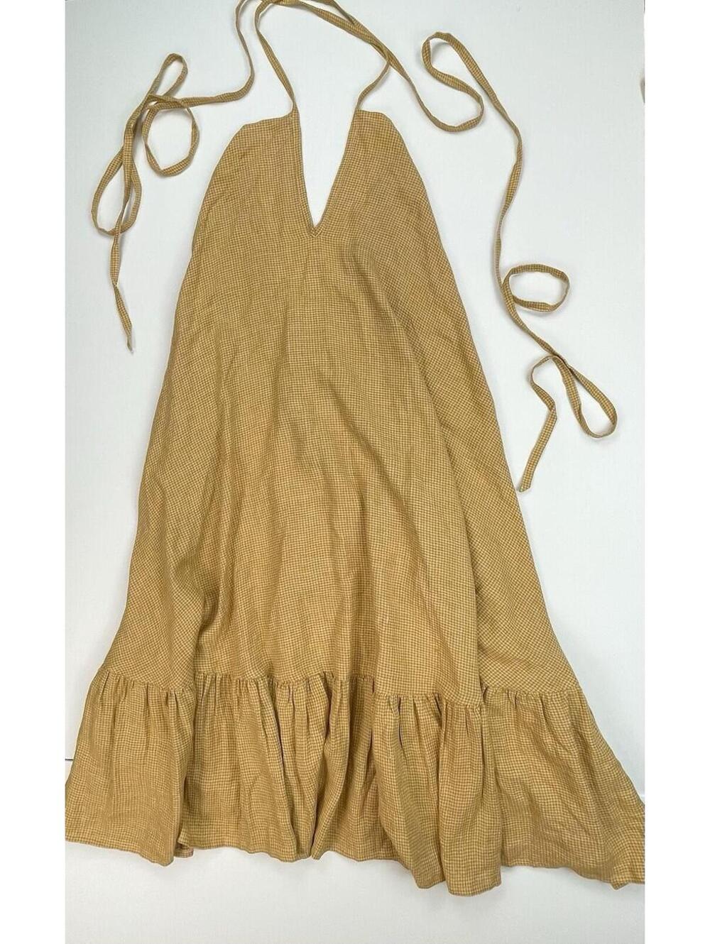 FAITH-ROWAN LEEVES Linen Rita Halter Dress Mustard Gingham Boho Plunge OS